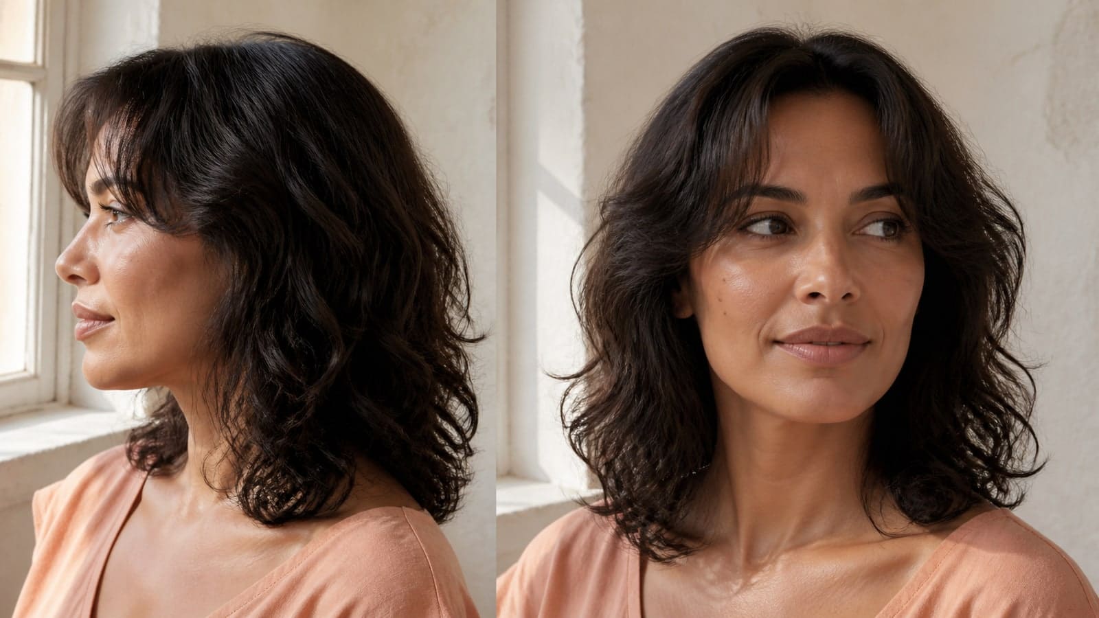 Two views of one oval-like face showing airy curtain fringe, a center opening, temple connections, and wavy shoulder-length layers