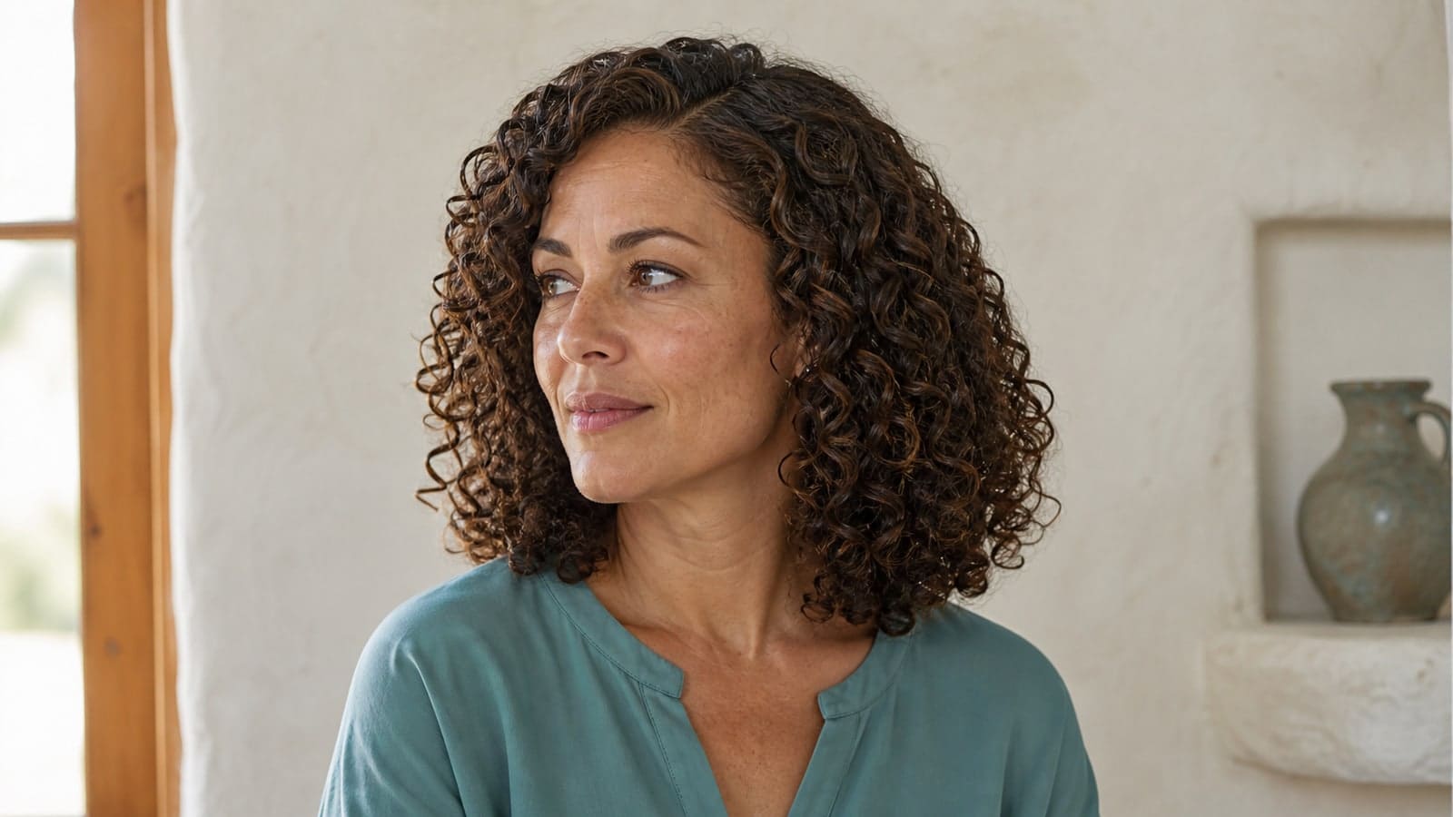 Oval-like face with a side part and defined shoulder-level curls forming rounded volume at the sides