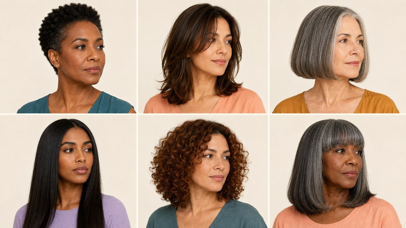 Six adults with oval-like proportions showing an open crop, face-framing layers, a blunt chin bob, long center-parted hair, rounded curls, and a strong blunt fringe