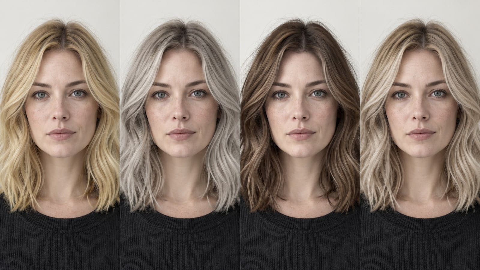 One pale-skinned woman in four matched portraits with yellow-gold blonde, flat gray ash, iced chestnut, and pearl-beige blonde hair
