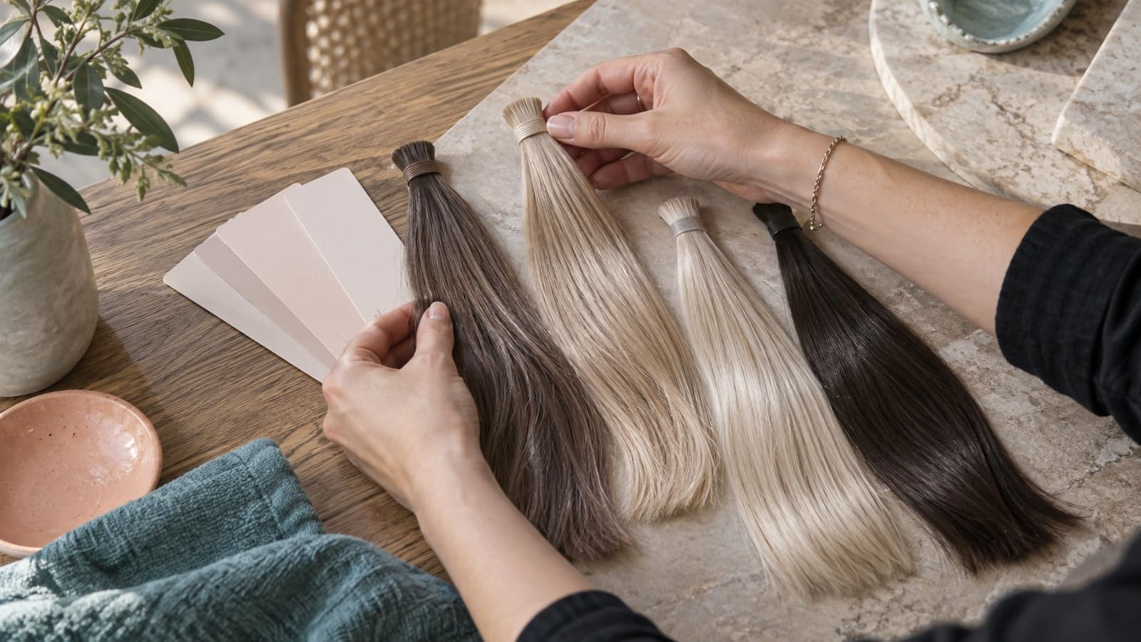 A colorist's hands compare smoky mocha, pearl beige, soft champagne, and dark espresso hair tresses beside pale complexion cards