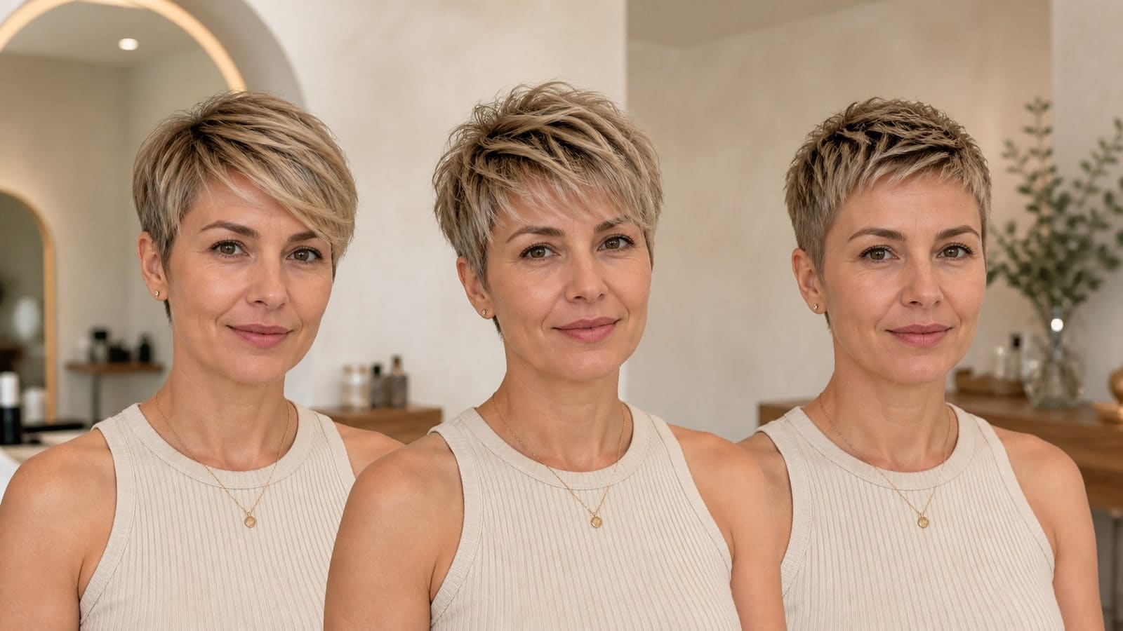 Same-model comparison of pixie haircuts: styles, texture, and maintenance silhouettes in one salon scene