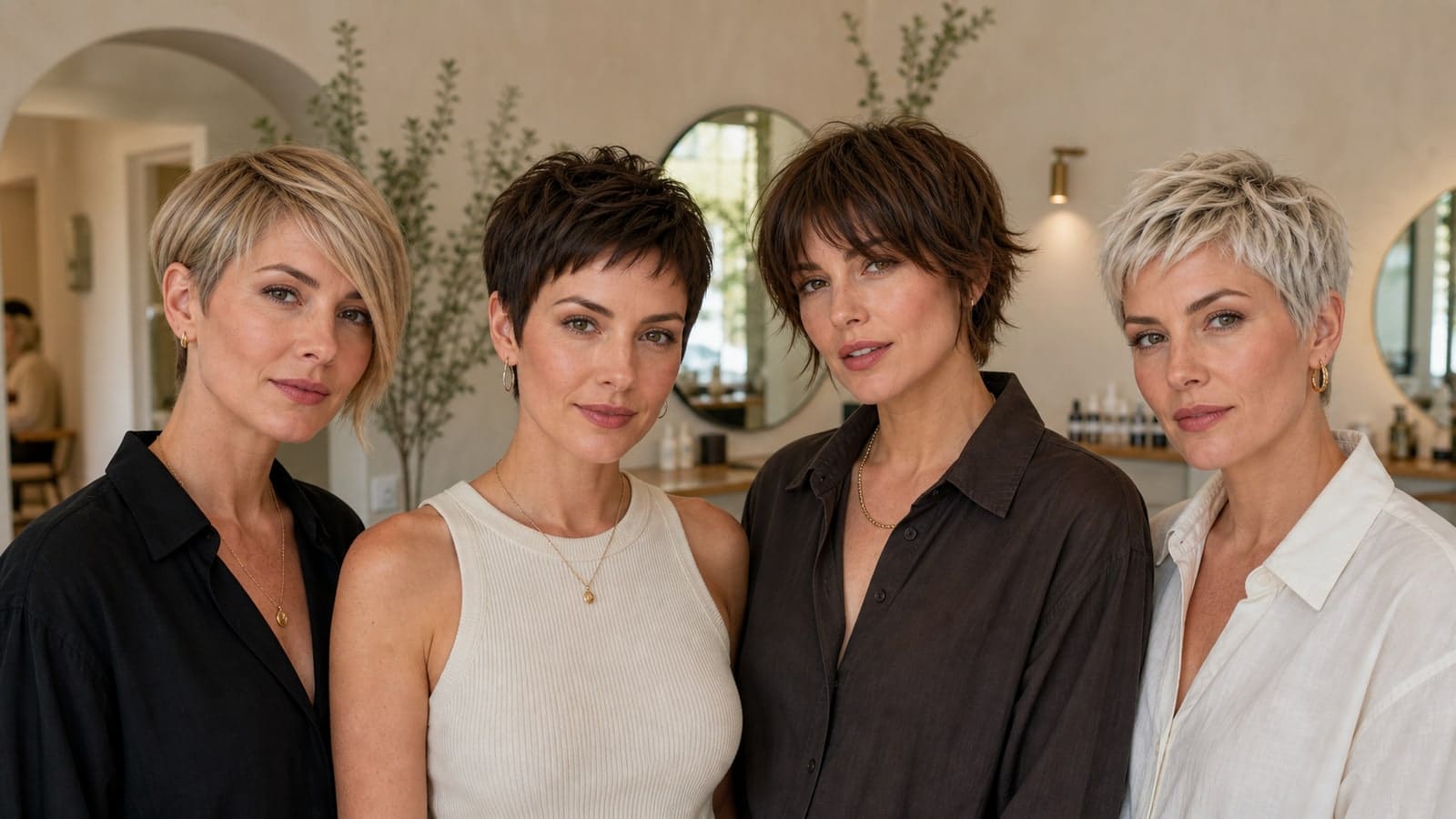 Distinct pixie haircuts: styles, texture, and maintenance styling options shown in one salon scene