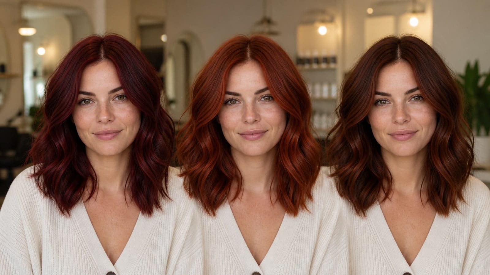 The same woman three times at equal depth with cool cherry-red, true copper-red, and neutral mahogany-auburn hair