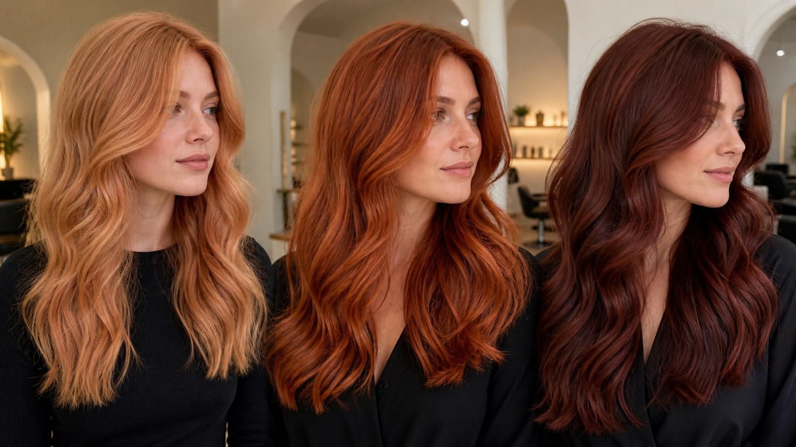 Three women in a salon with strawberry-copper, vivid true-copper, and deep auburn hair