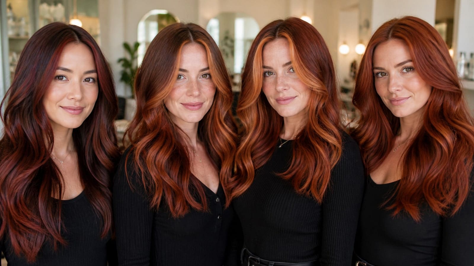Four women with burgundy ribbons, mixed copper dimension, a bright copper face frame, and all-over copper hair