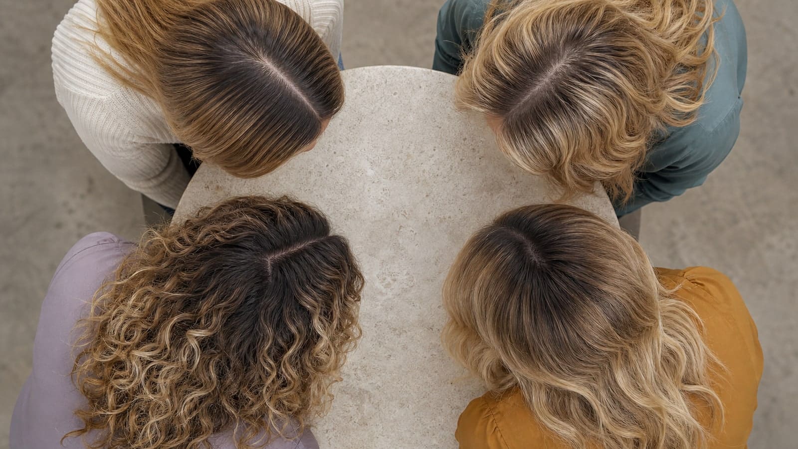 Four crown views show a narrow close-depth root tap, a soft root smudge, a deeper root shadow, and a longer root melt around a round table