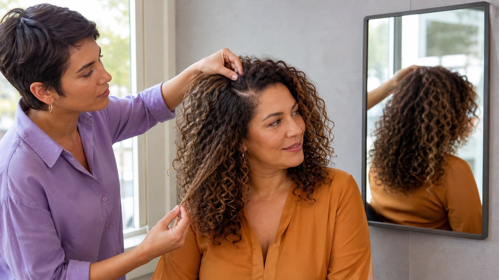 A colorist lifts a finished temple section while a curly-haired client and mirror view reveal the root shadow at the front, side, and crown