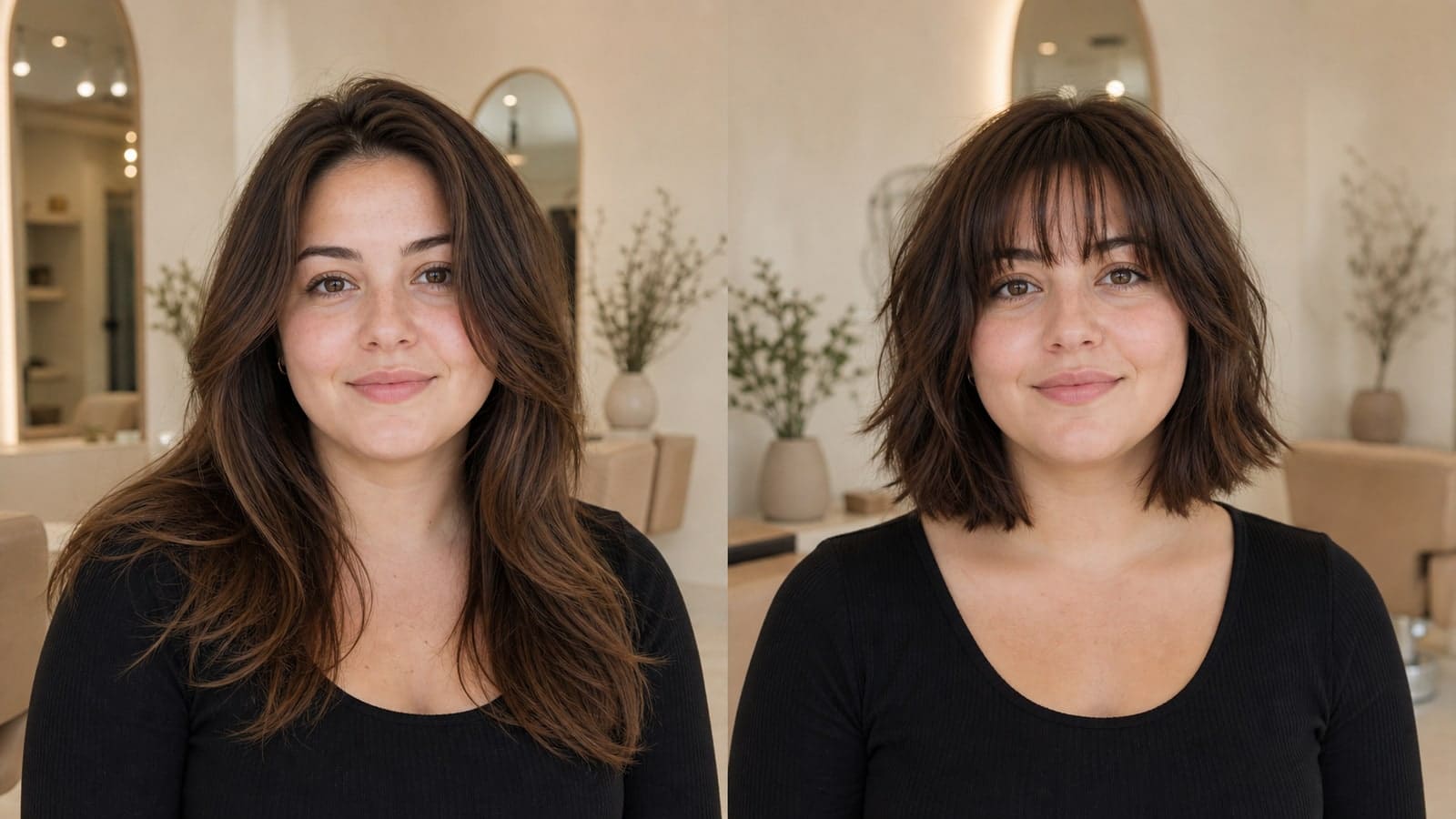 The same woman shown with three different salon hairstyles under consistent lighting