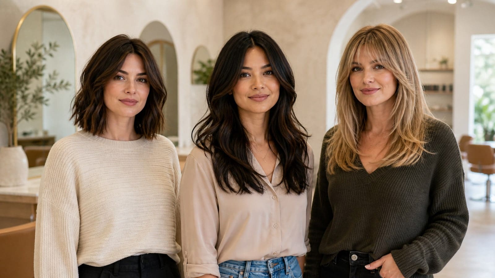 Three women in a salon with layered, bob, and textured hairstyles