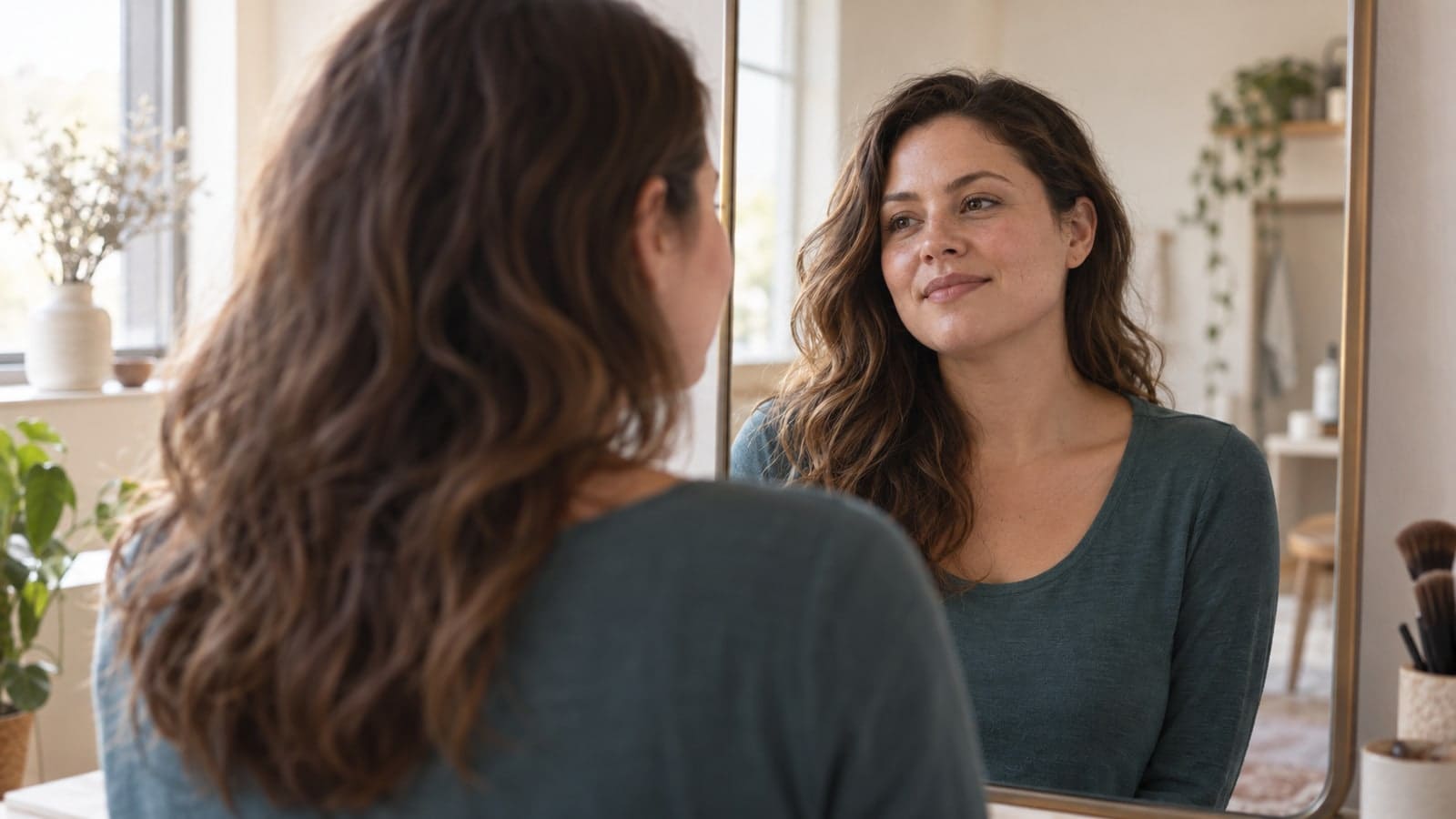 Woman with wavy brown hair looking at her reflection from a comfortable distance in a studio mirror