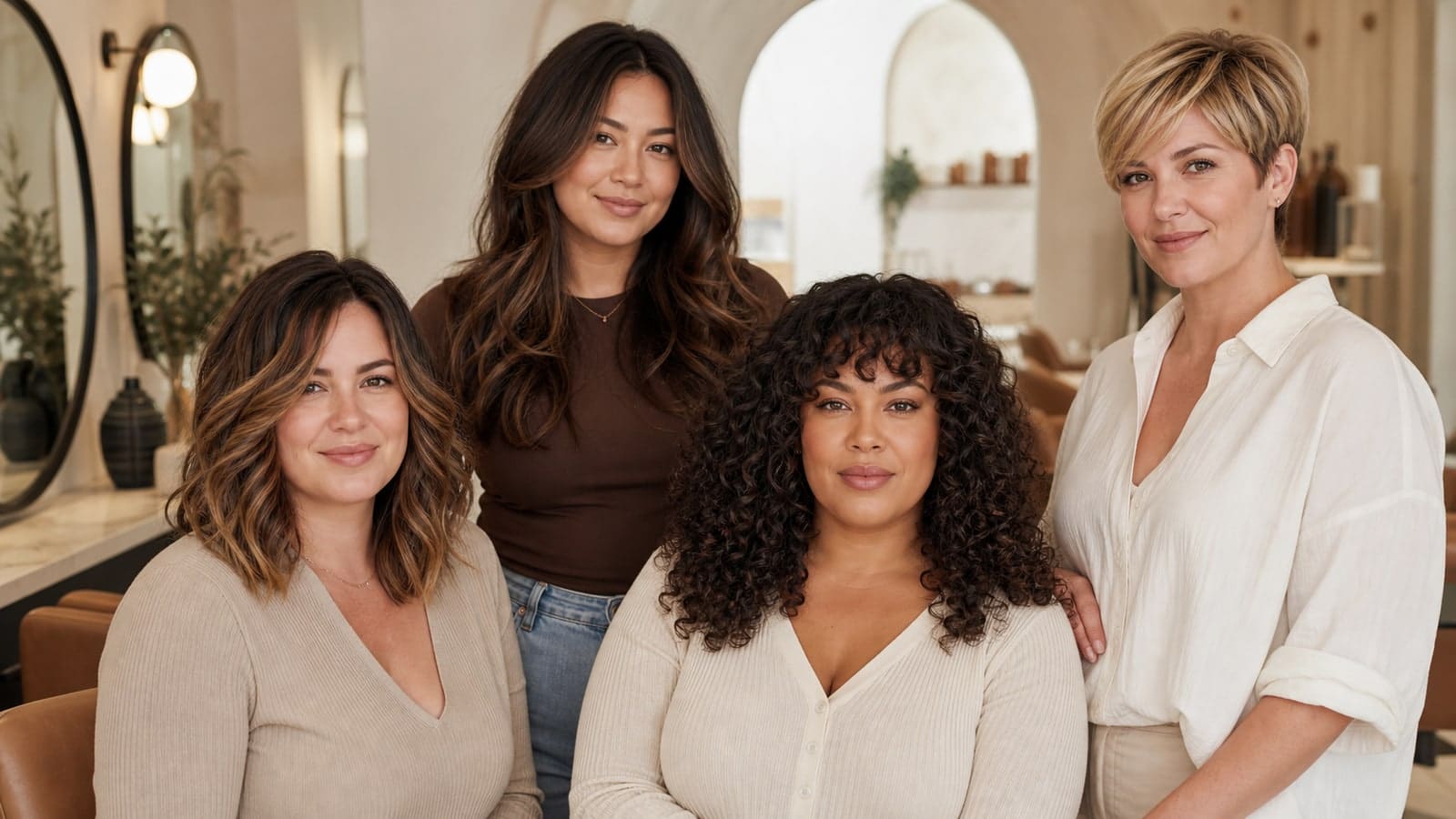Four women in a salon with distinct short, medium, layered, and fringe hairstyles