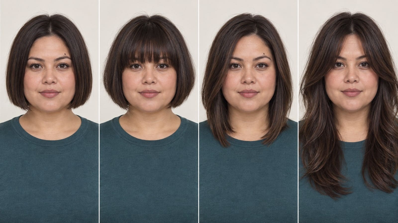 Four matched views of one adult model show a chin-length blunt bob, heavy straight bangs, a longer collarbone lob, and diagonal curtain fringe with layers