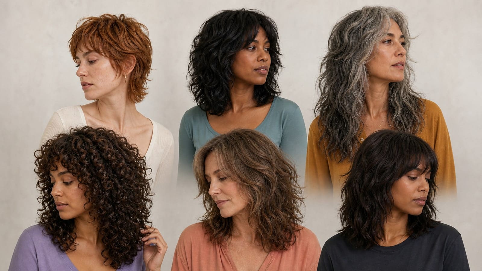 Six adults with a copper short shag, black medium shag, long salt-and-pepper shag, dark curly shag, soft ash-brown shag, and dark shag with full bangs