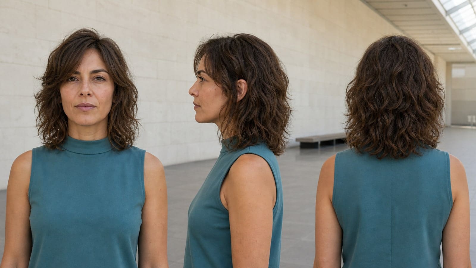 Front, profile, and back views of the same woman with a medium-brown shoulder-length wavy shag, cheekbone face framing, short crown layers, upper-side volume, and a softly broken perimeter
