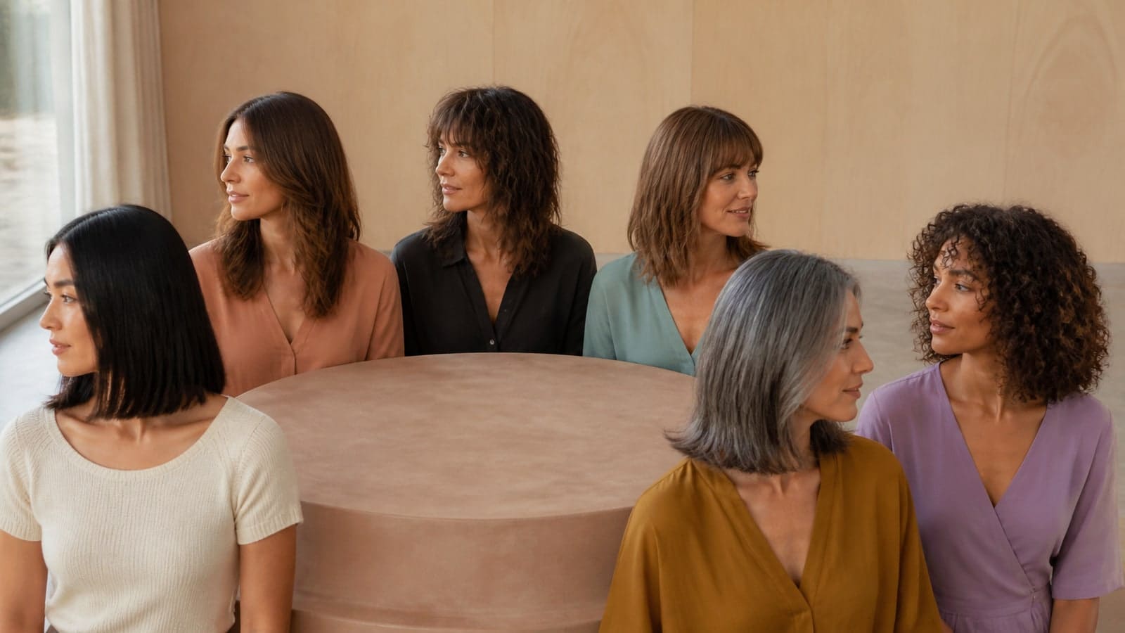 Six women showing a blunt black shoulder cut, long soft layers, a wavy shag, bangs with shoulder-length layers, a silver collarbone cut, and rounded shoulder-length curls