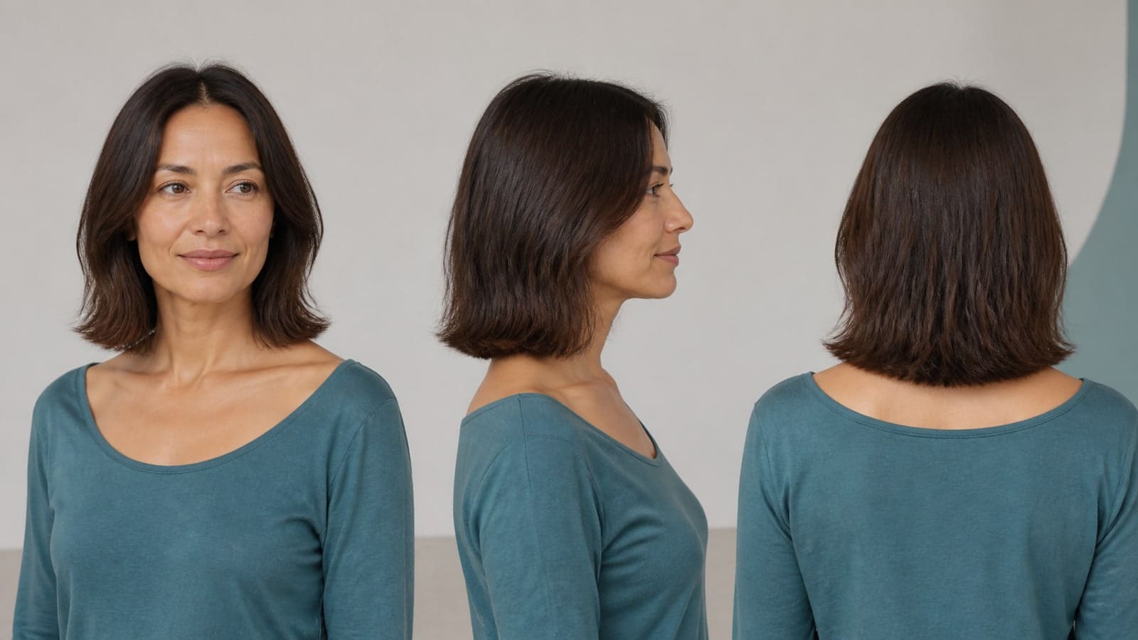 Front, profile, and back views of one dark chestnut shoulder-length haircut with a softly blunt perimeter and long subtle layers