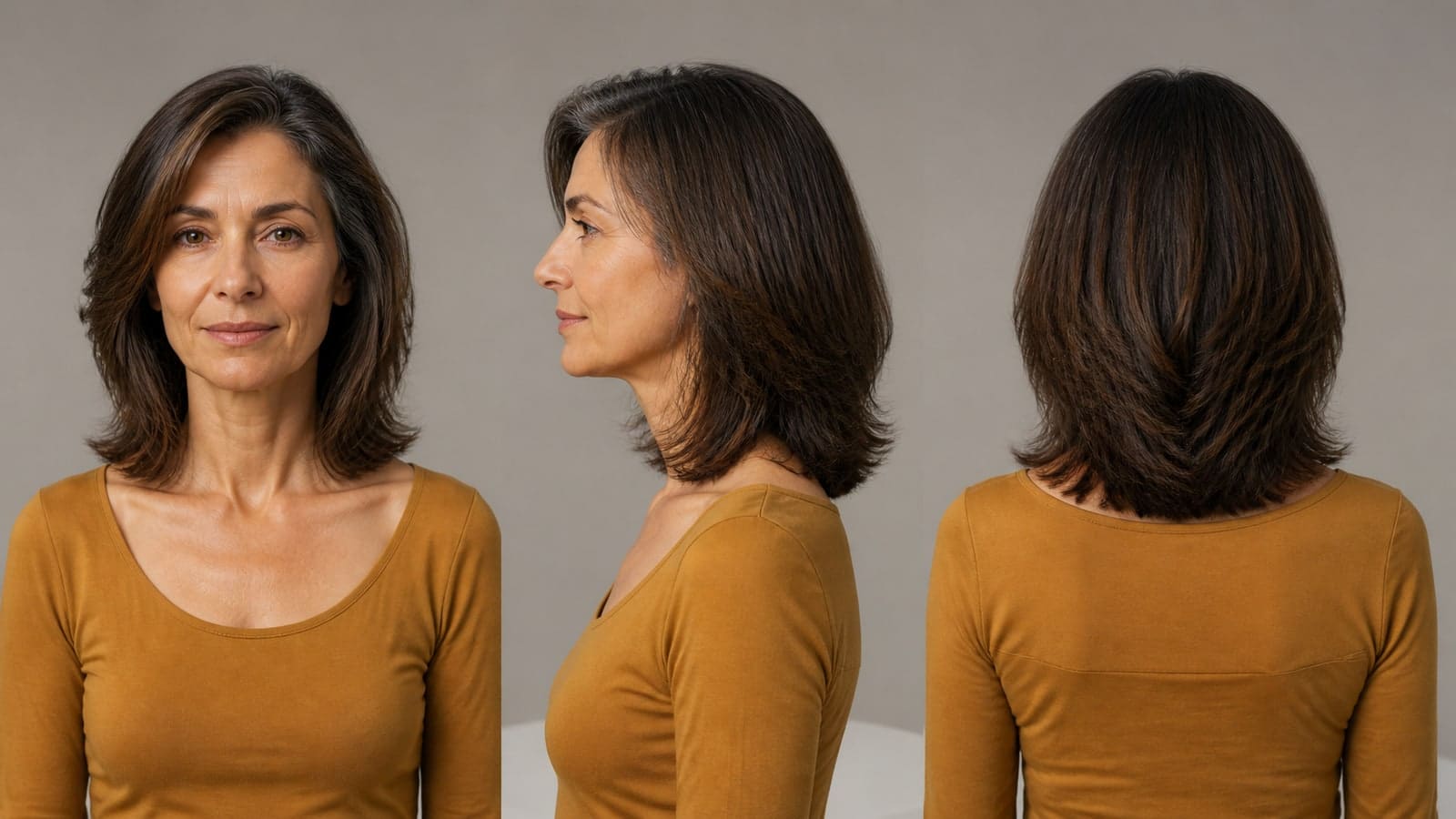 Front, side, and back views of a medium-brown shoulder-length haircut with long layers beginning below the cheekbone and volume through the lower half