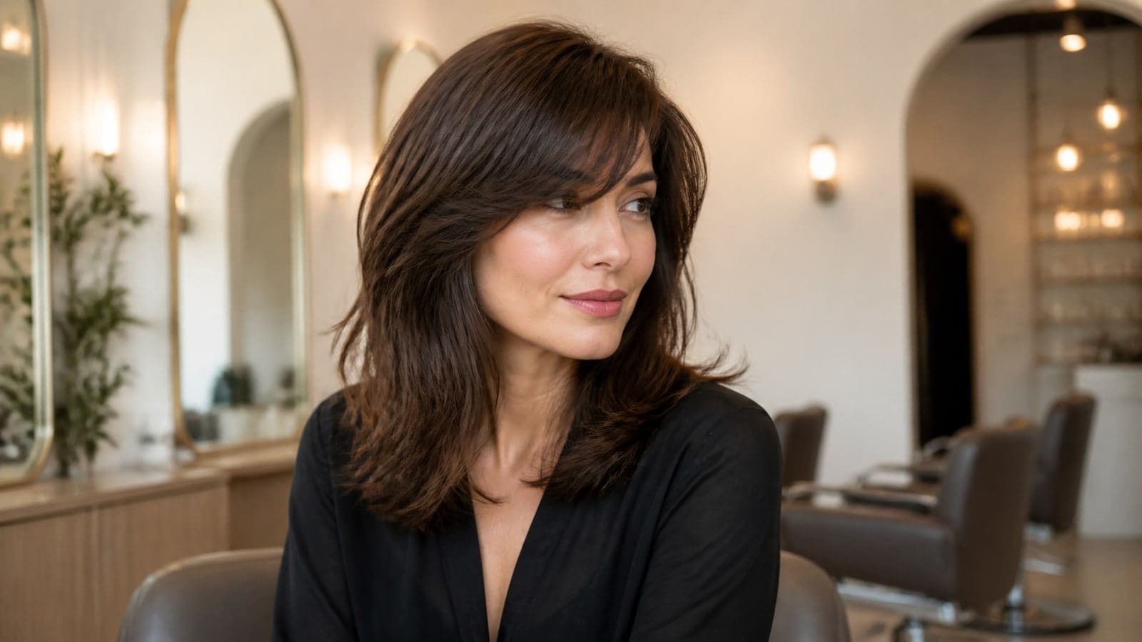 Salon consultation showing side-swept bangs by face shape and hair texture haircut options and silhouette