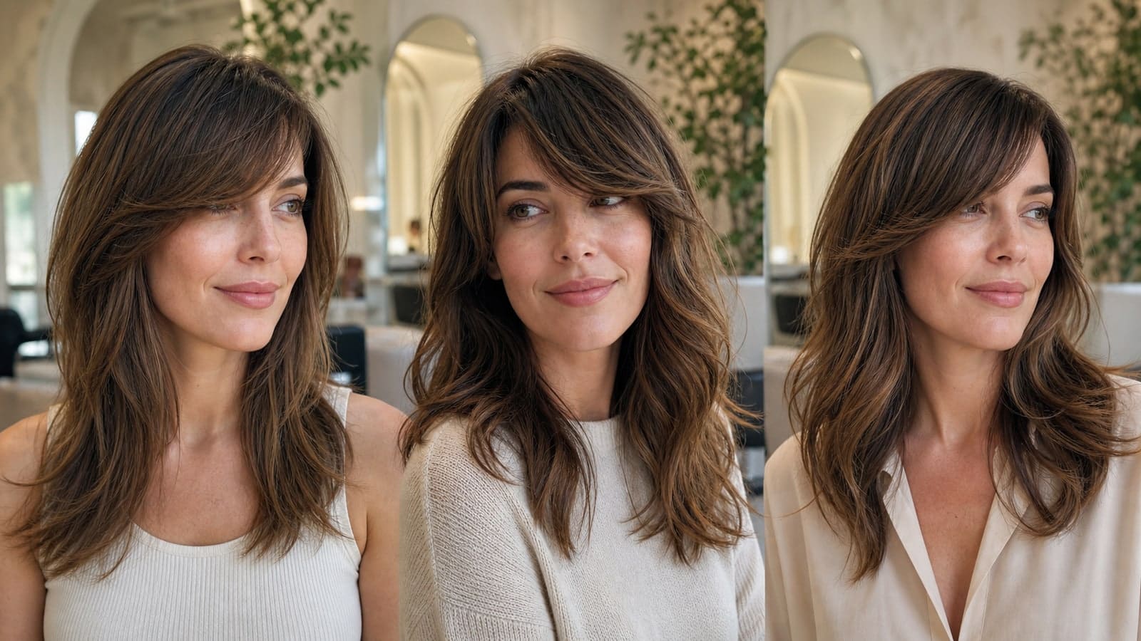 Distinct side-swept bangs by face shape and hair texture styling options shown in one salon scene