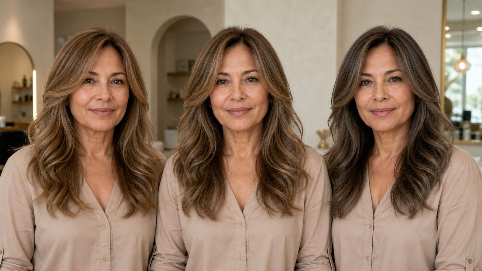 The same mature woman at equal brunette depth with earthy beige, balanced muted, and smoky taupe reflections