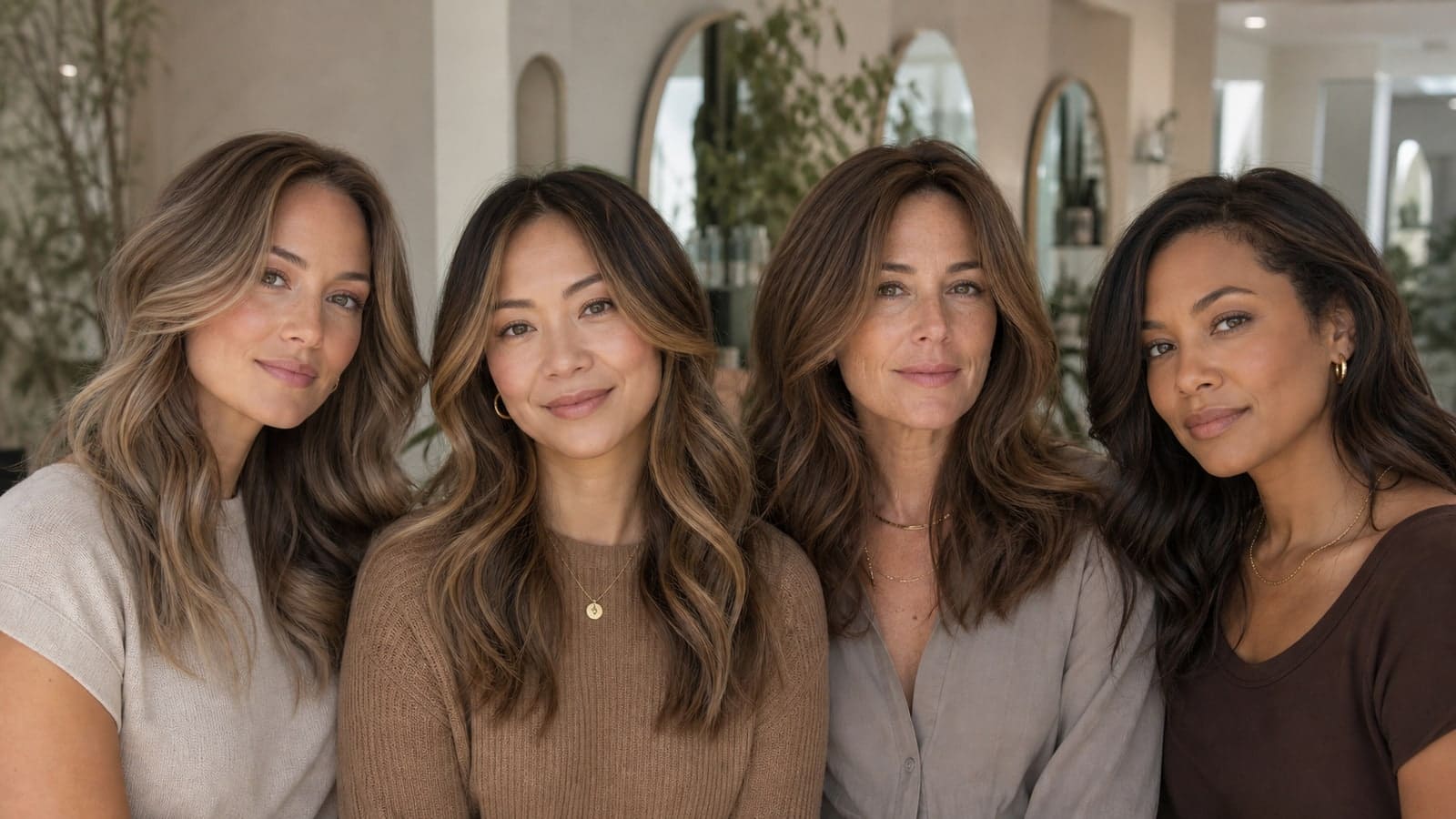 Four women with subdued beige-brown, muted caramel, taupe-cinnamon, and soft espresso hair