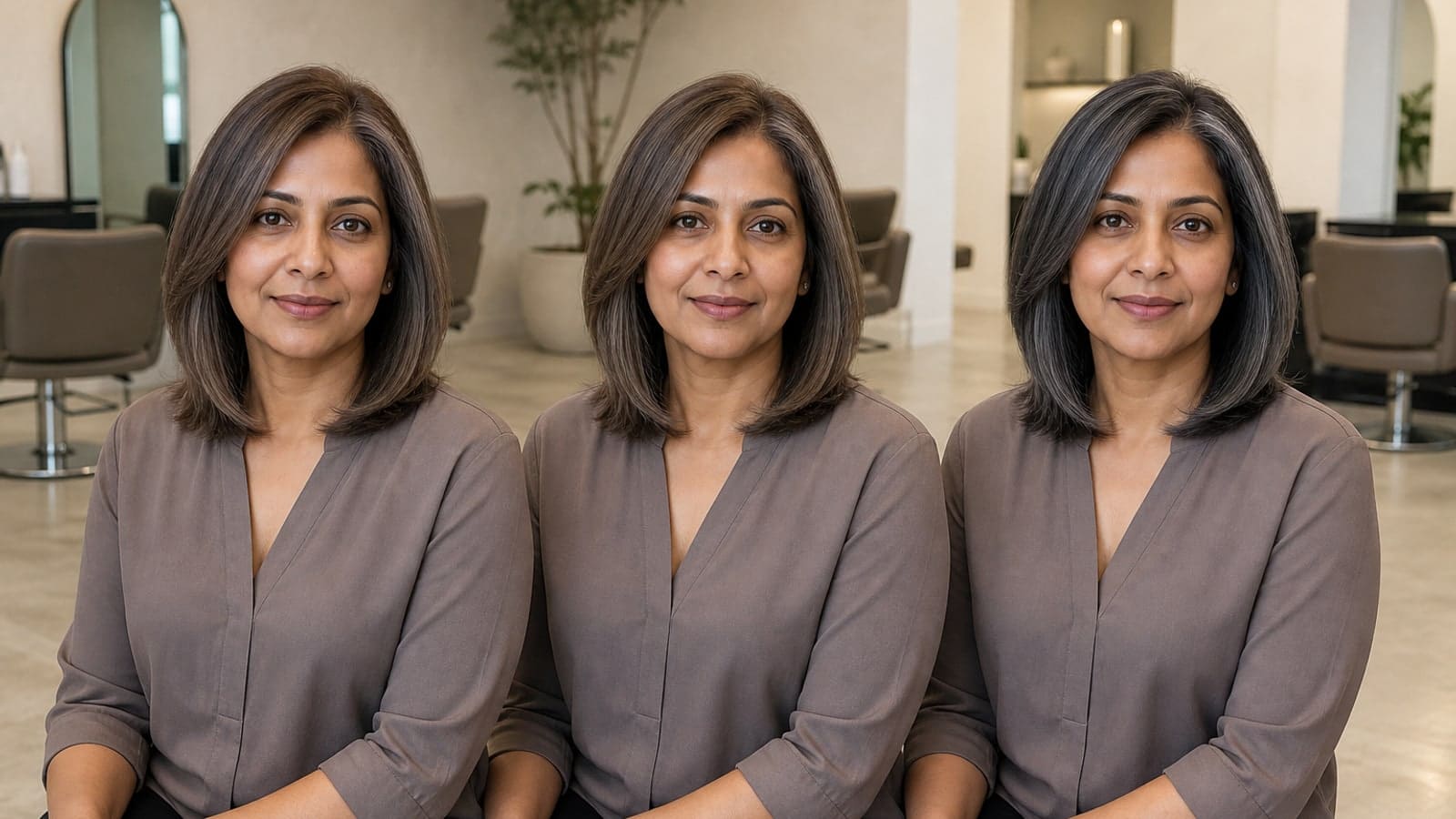 The same South Asian woman with collarbone-length fine straight hair shown in muted mushroom-beige, taupe-mocha, and clearer true-cool ash under one salon light