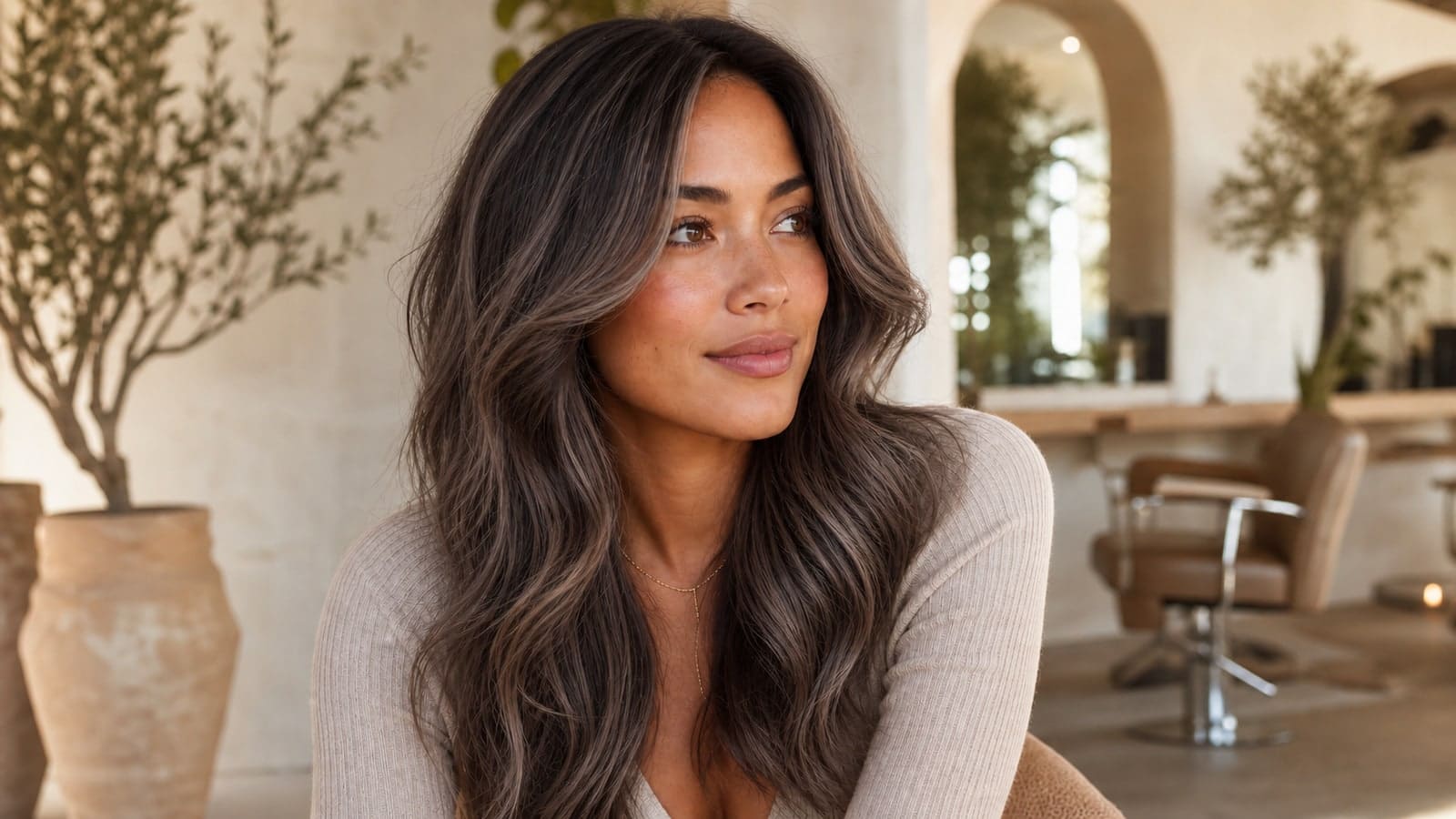 Woman with long muted mushroom-brown hair and soft taupe dimension in a cream salon