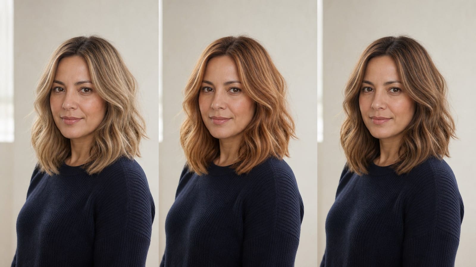 The same woman in neutral light with three shoulder-length warm-neutral hair-color variations: pale golden-beige, honey-copper, and clear caramel brunette