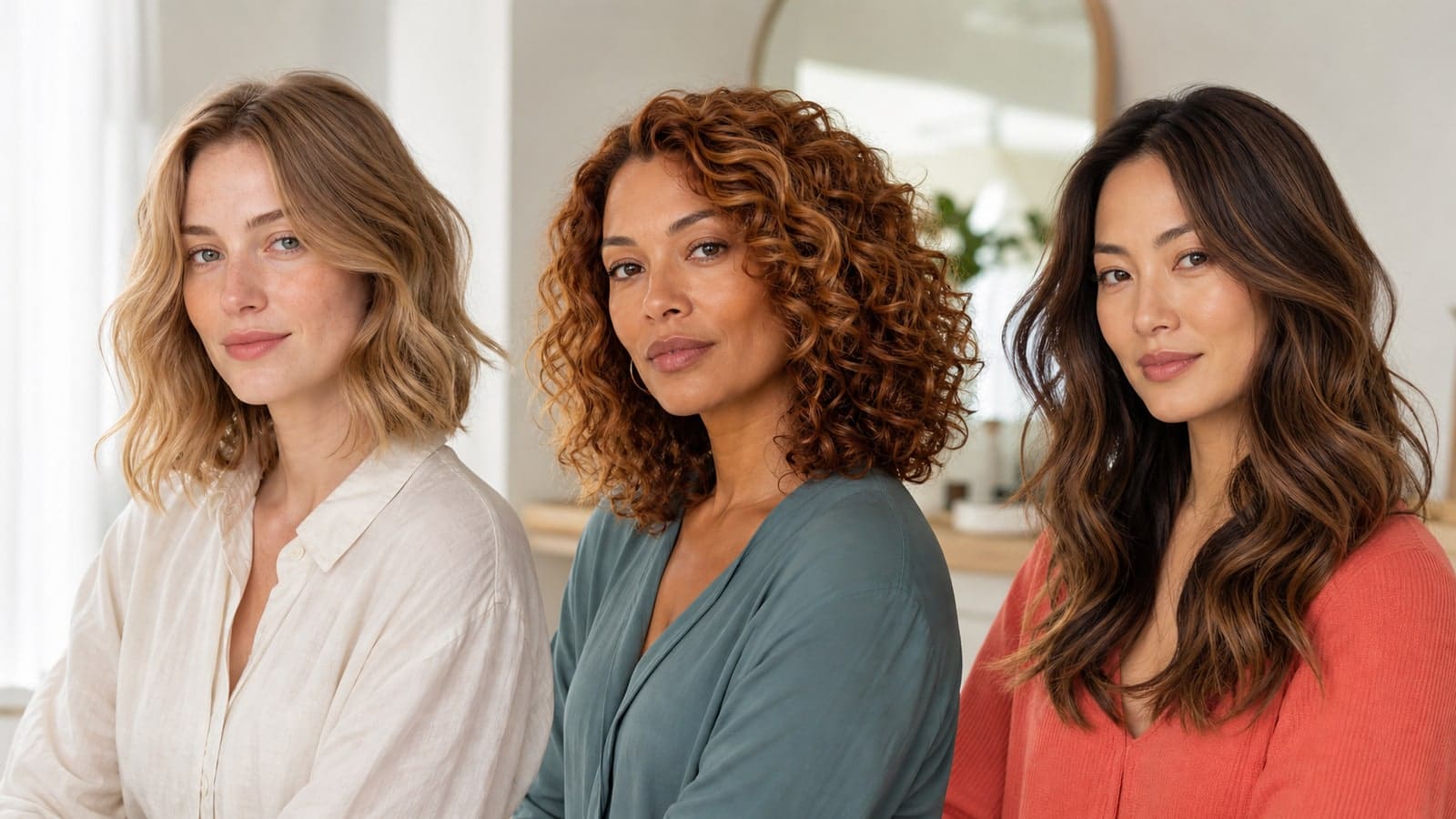 Three women in neutral daylight with light golden-beige, honey-copper, and clear warm brunette Spring hair