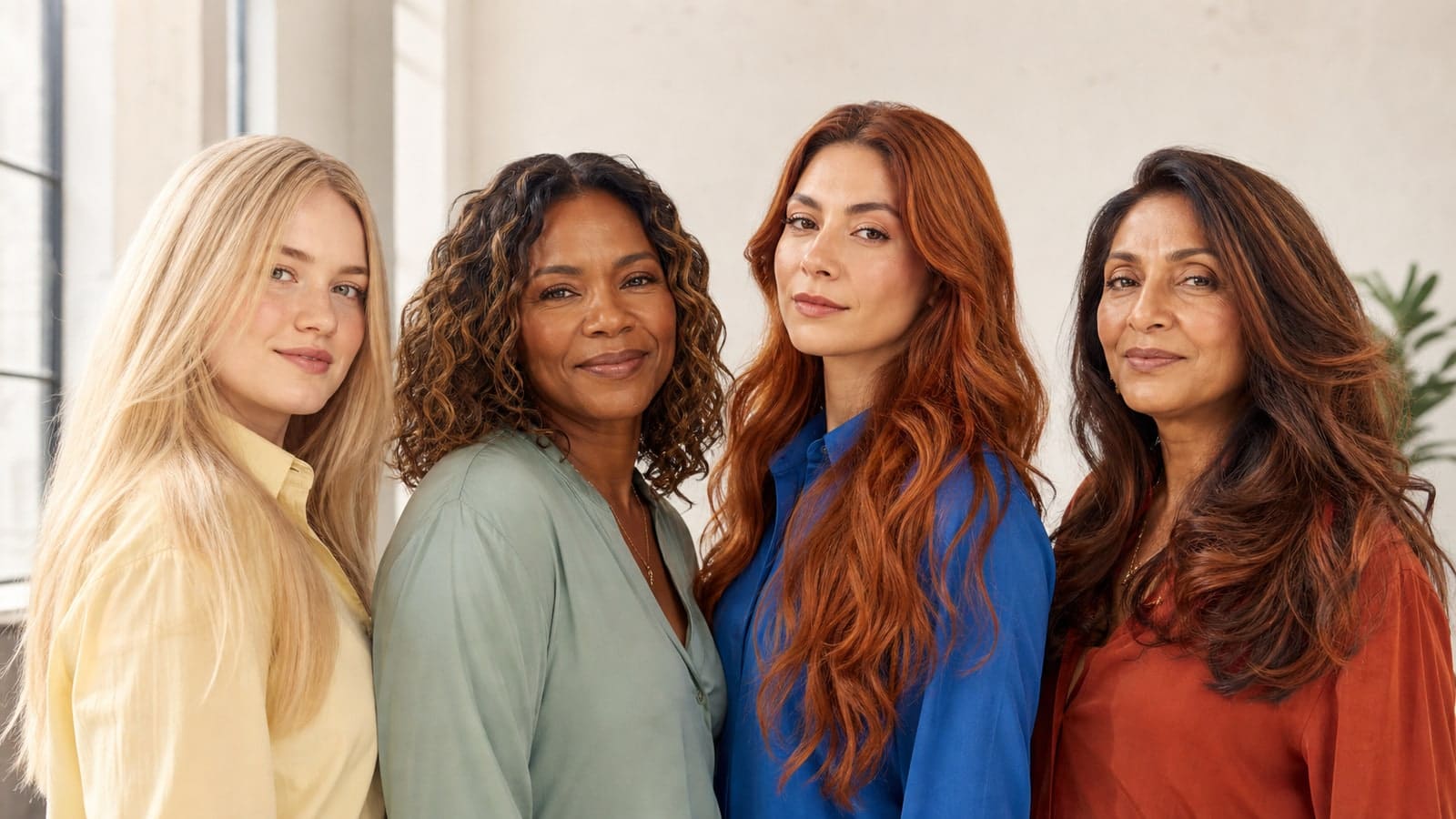 Four women in neutral daylight with golden-beige blonde, caramel brunette, clear copper waves, and reflective warm chestnut hair