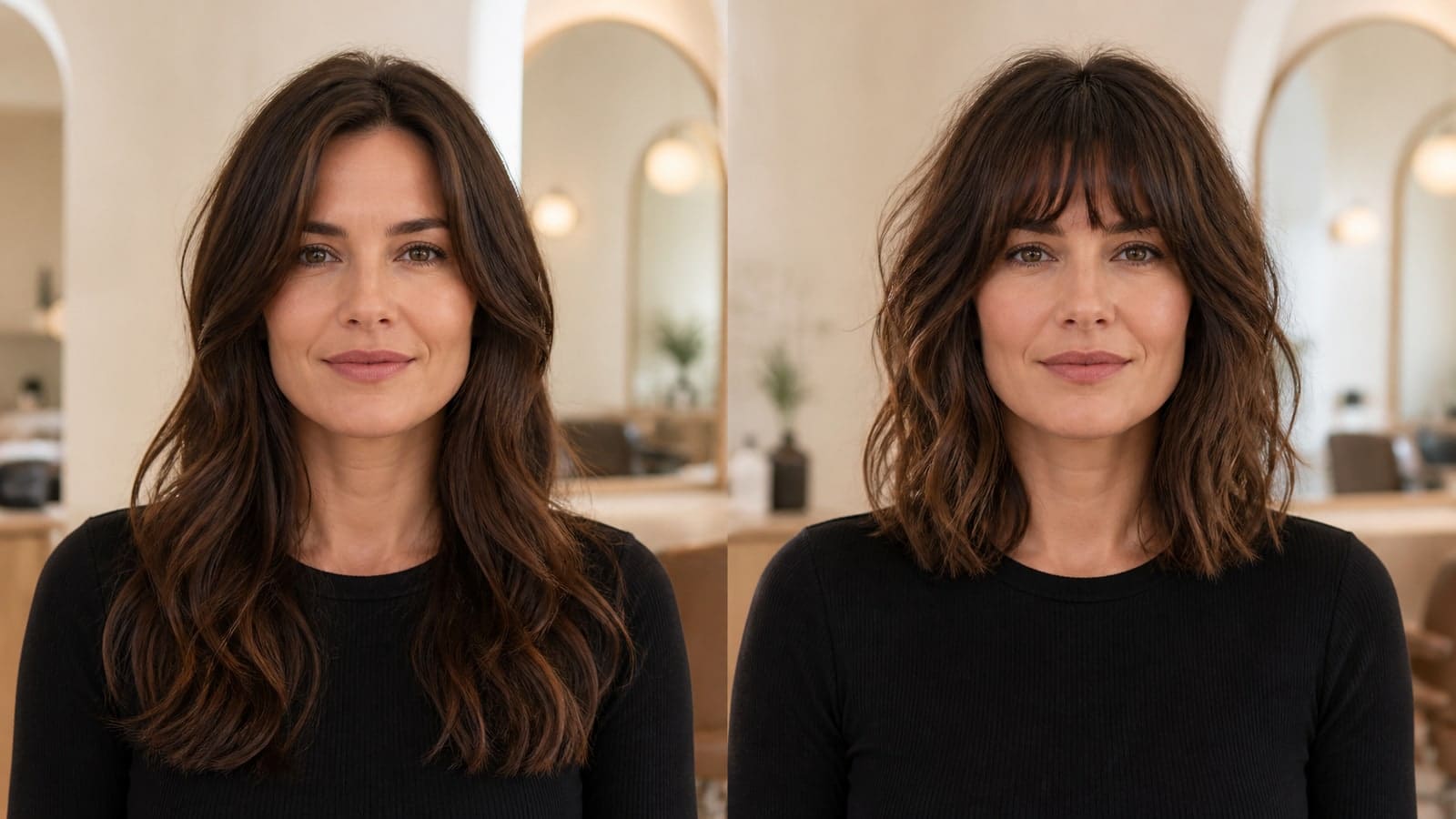 The same woman shown with three different salon hairstyles under consistent lighting