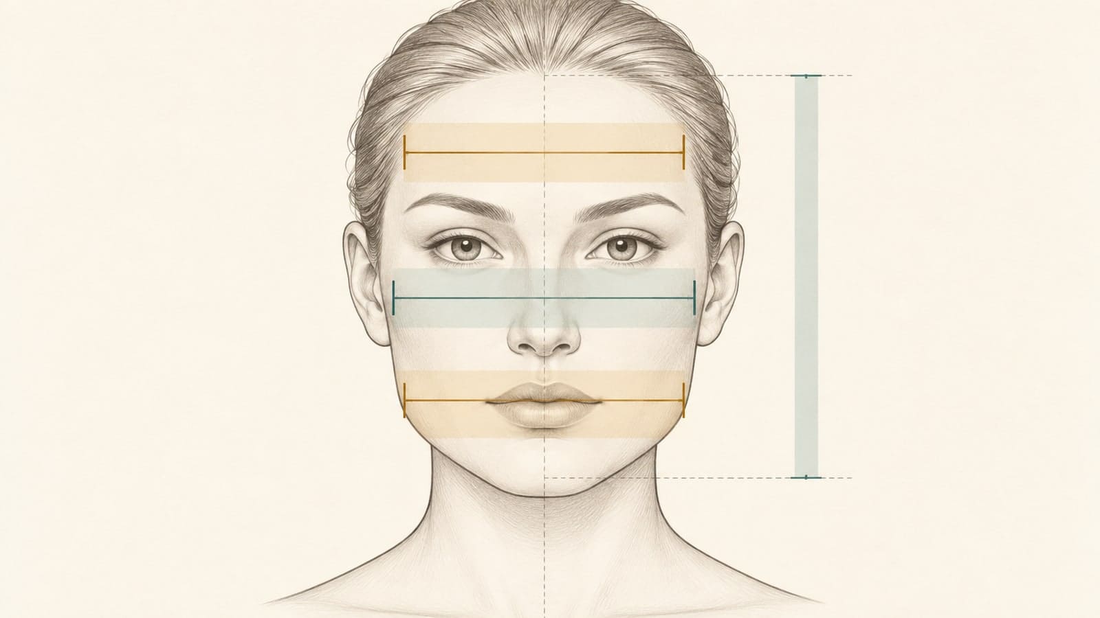 Front-view face drawing with three horizontal width bands across forehead, cheekbones, and jaw, plus a vertical length marker