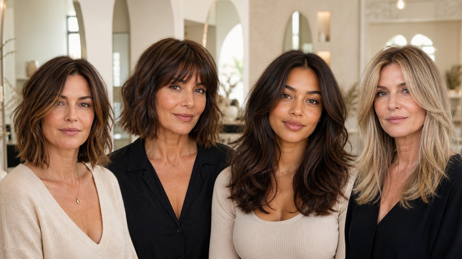 Four women in a salon with distinct short, medium, wavy, and layered hairstyles