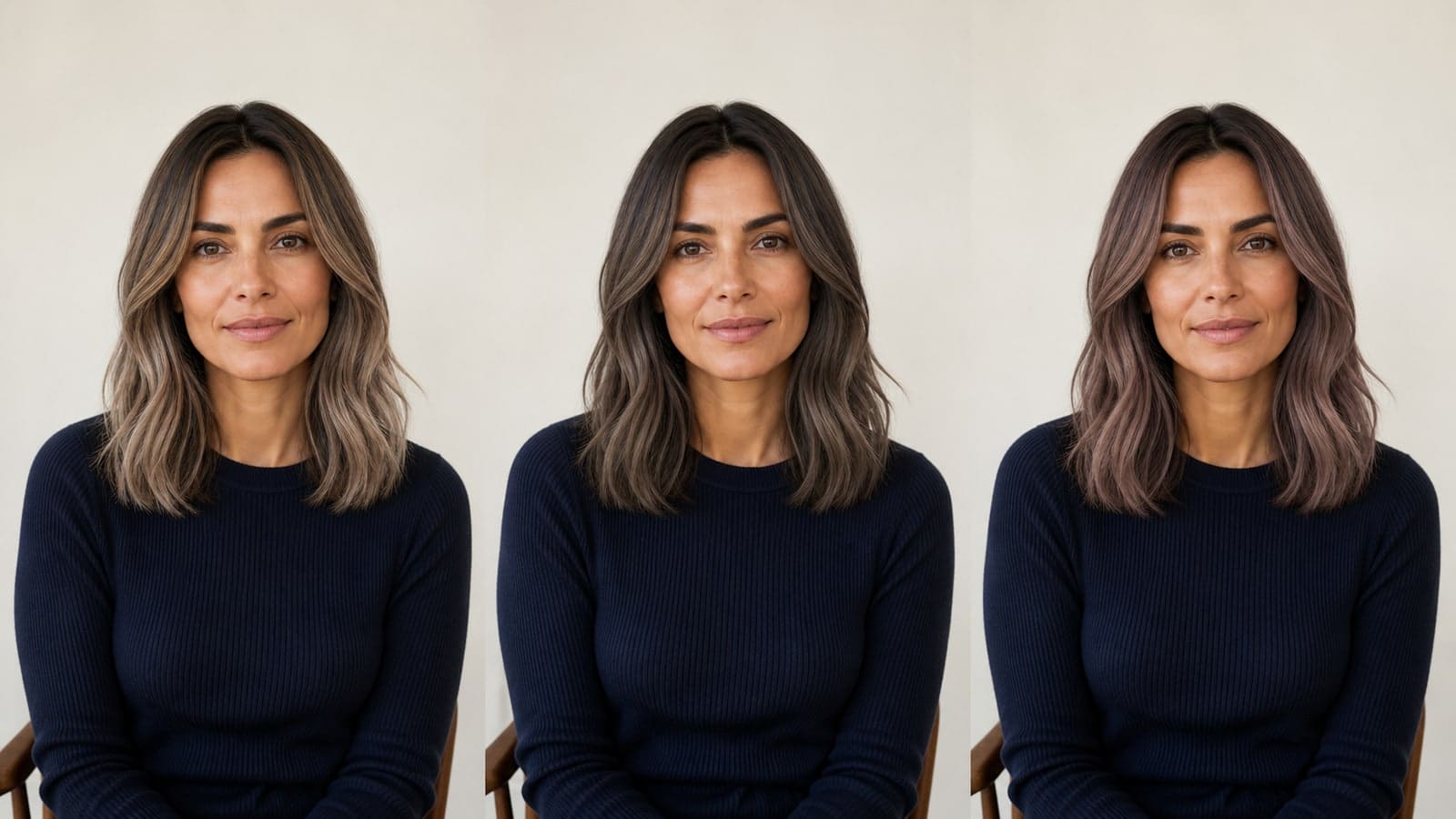 The same woman in neutral light with three medium-depth cool-neutral hair-color variations: beige dimension, smoky ash-mocha, and muted taupe-mauve brown
