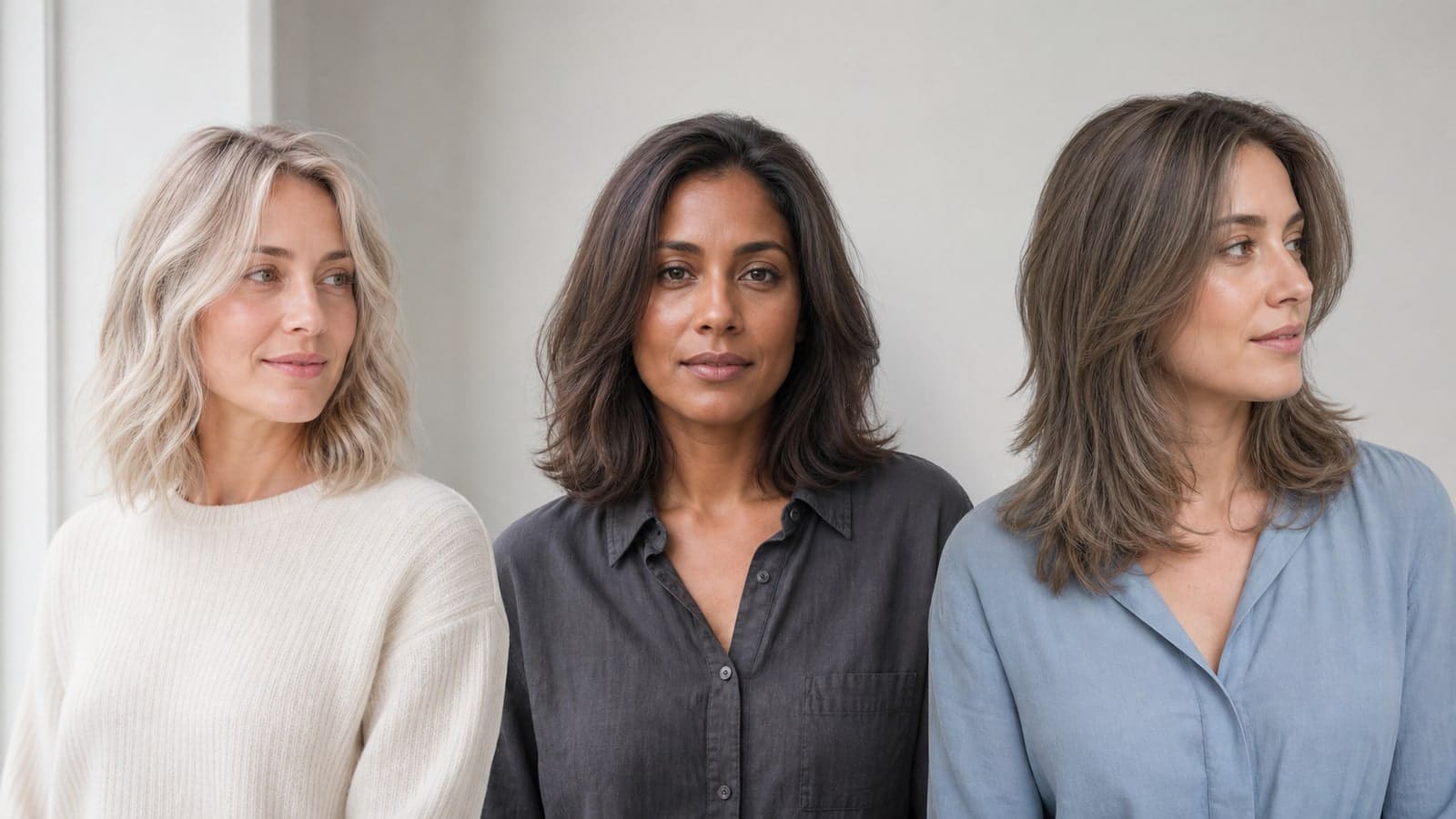 Three women in neutral studio light with pearl-beige blonde, smoky mocha brunette, and muted dark-blonde Summer hair