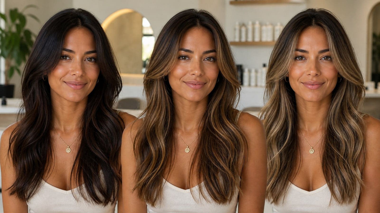 The same tan-skinned woman shown with deep brunette, caramel-highlighted brunette, and soft beige-highlighted brunette hair under stable salon light
