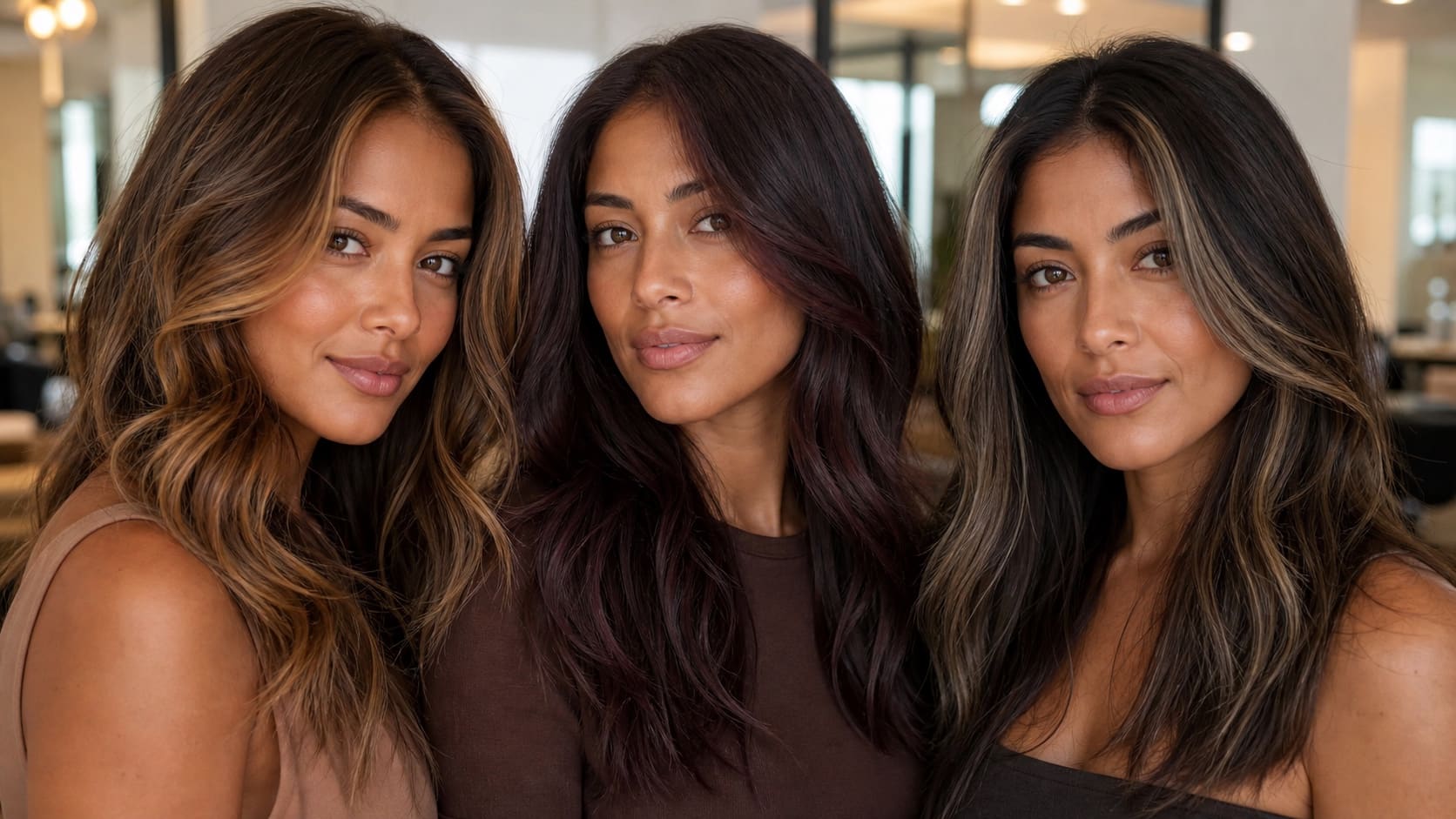 Four women with tan skin wear caramel-highlighted brunette, copper-brown, rich chocolate, and soft black hair in one salon scene