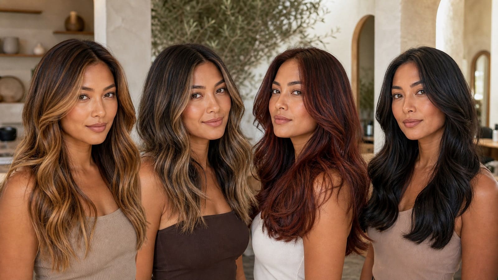 Four women with tan skin wear warm caramel brunette, muted beige-highlighted brunette, auburn-brown, and deep neutral black hair