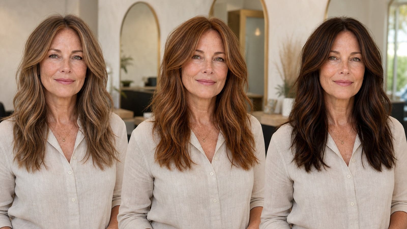 The same mature woman with muted beige-brown, rich auburn-chestnut, and deep warm chocolate hair