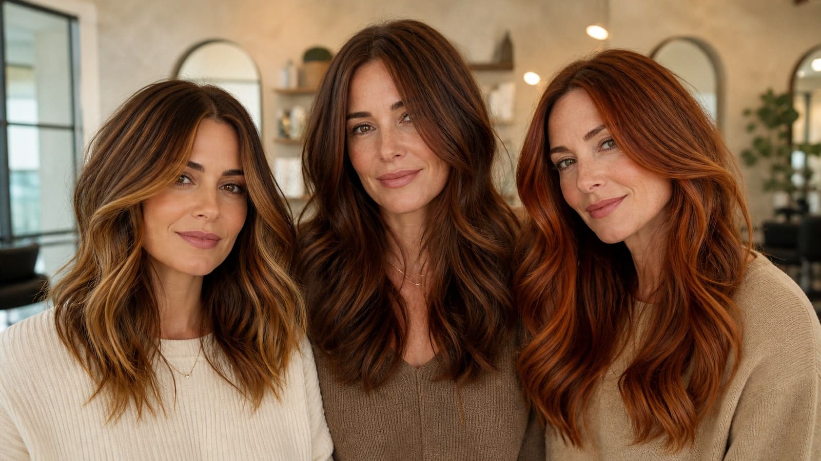 Three women with caramel chestnut, deep auburn, and copper-brown Warm Autumn hair