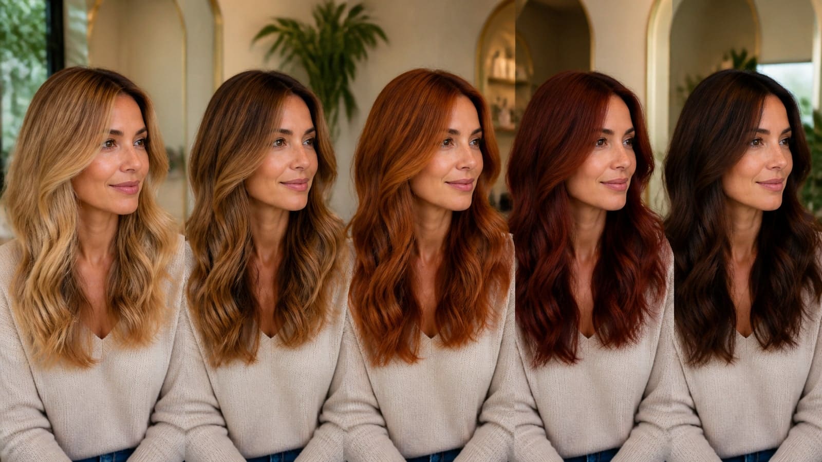 The same woman with warm skin shown in golden blonde, caramel brunette, copper, auburn, and deep warm brunette hair under consistent salon light