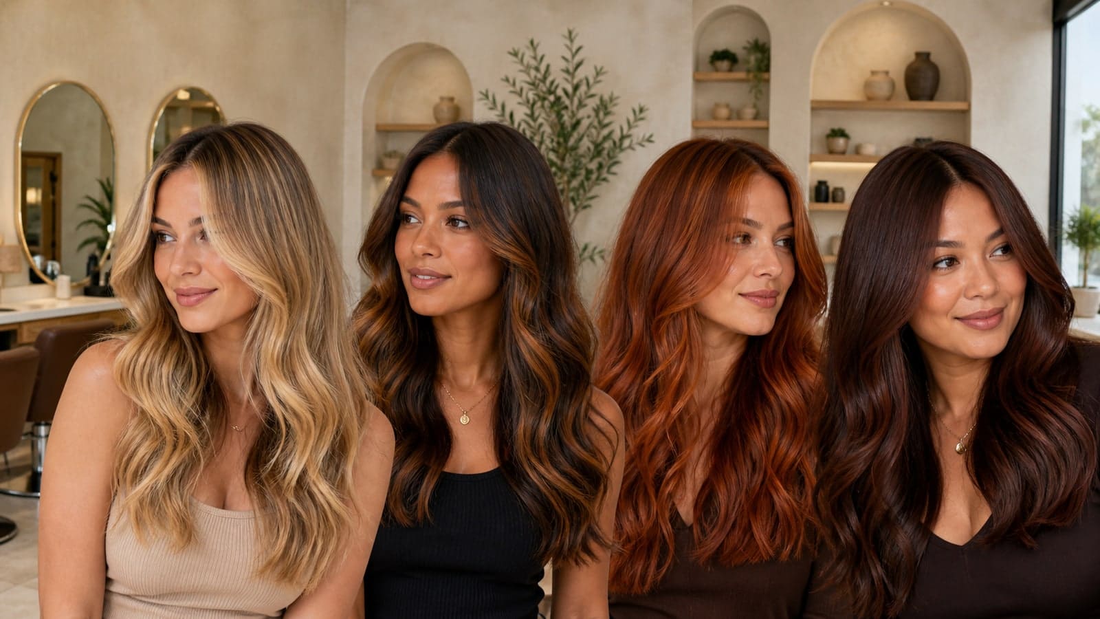 Four women with warm skin wear golden blonde, caramel-highlighted brunette, vivid copper, and rich auburn hair in one salon scene