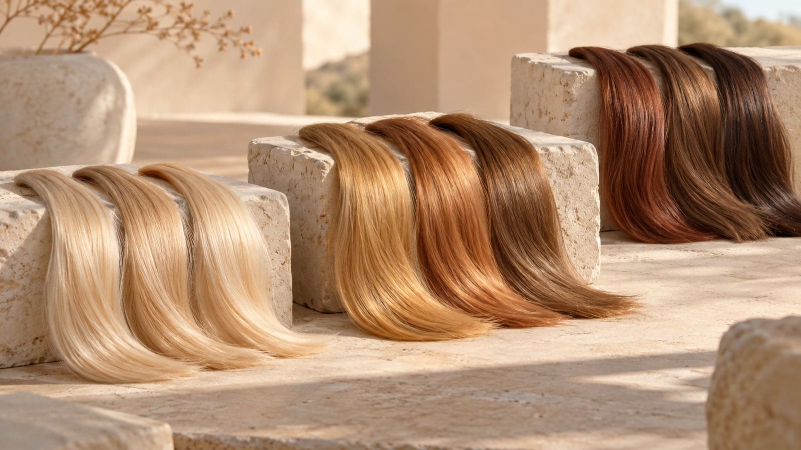 Three groups of hair swatches: delicate pale gold, clear honey and peach gold, and muted terracotta brown