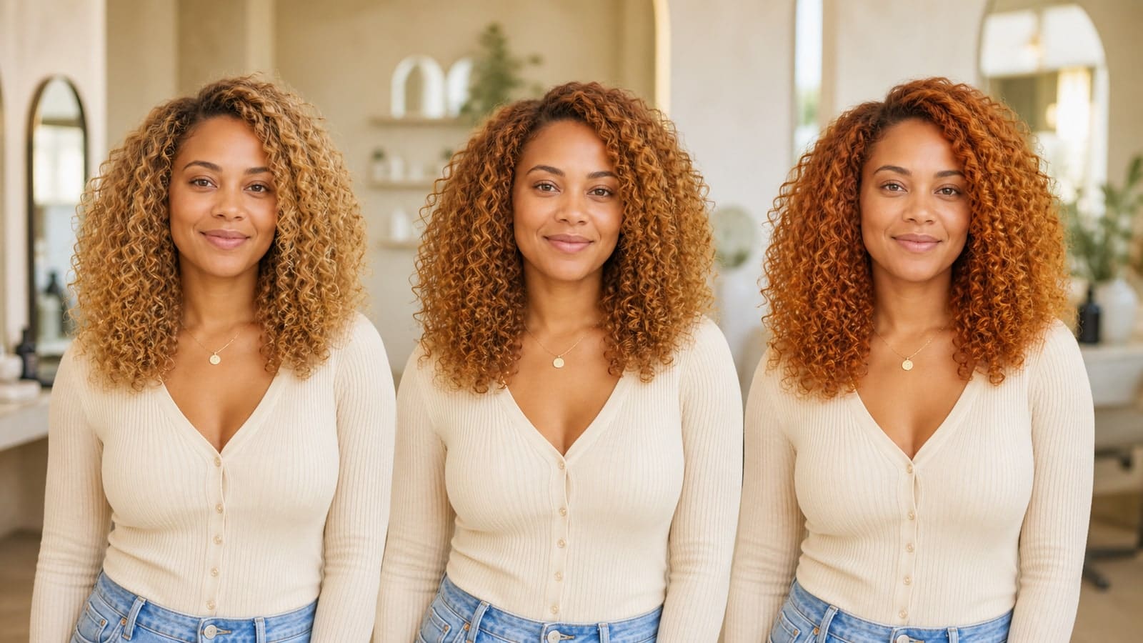 The same woman with equal-length curls in delicate golden, honey-copper, and clear copper Spring colors