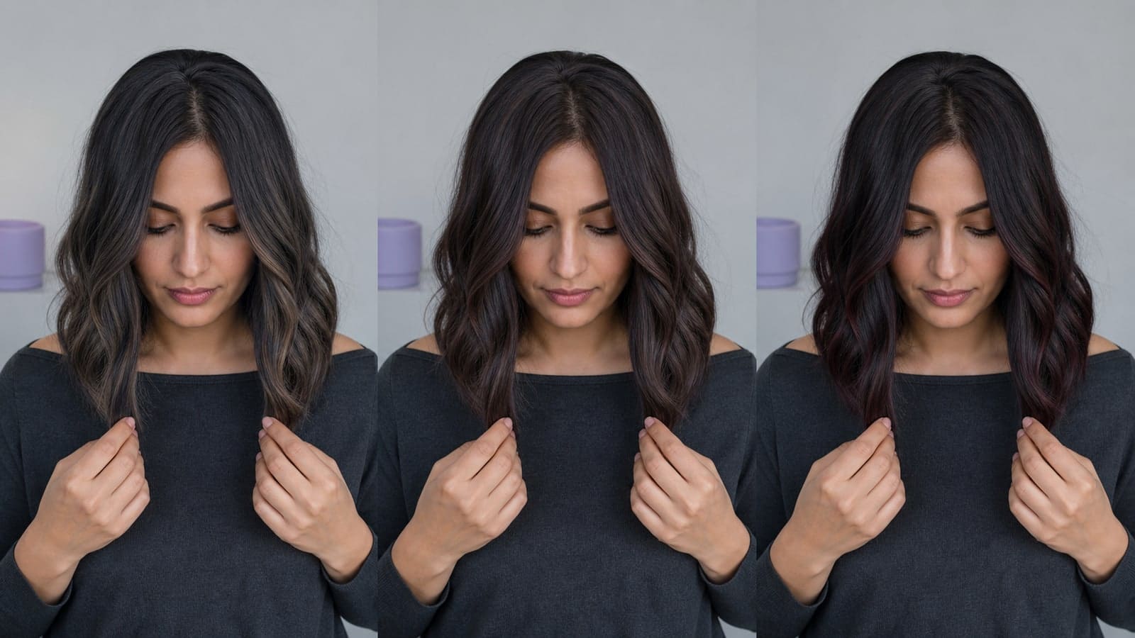 The same woman in three neutral-light views with clear cool brunette, true-cool brunette, and deep espresso hair with restrained red-violet reflection