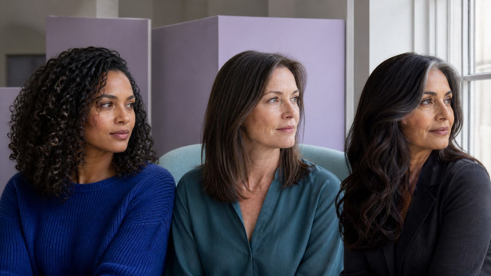 Three women in neutral daylight with clear cool black-brown curls, true-cool brunette hair, and deep cool espresso waves