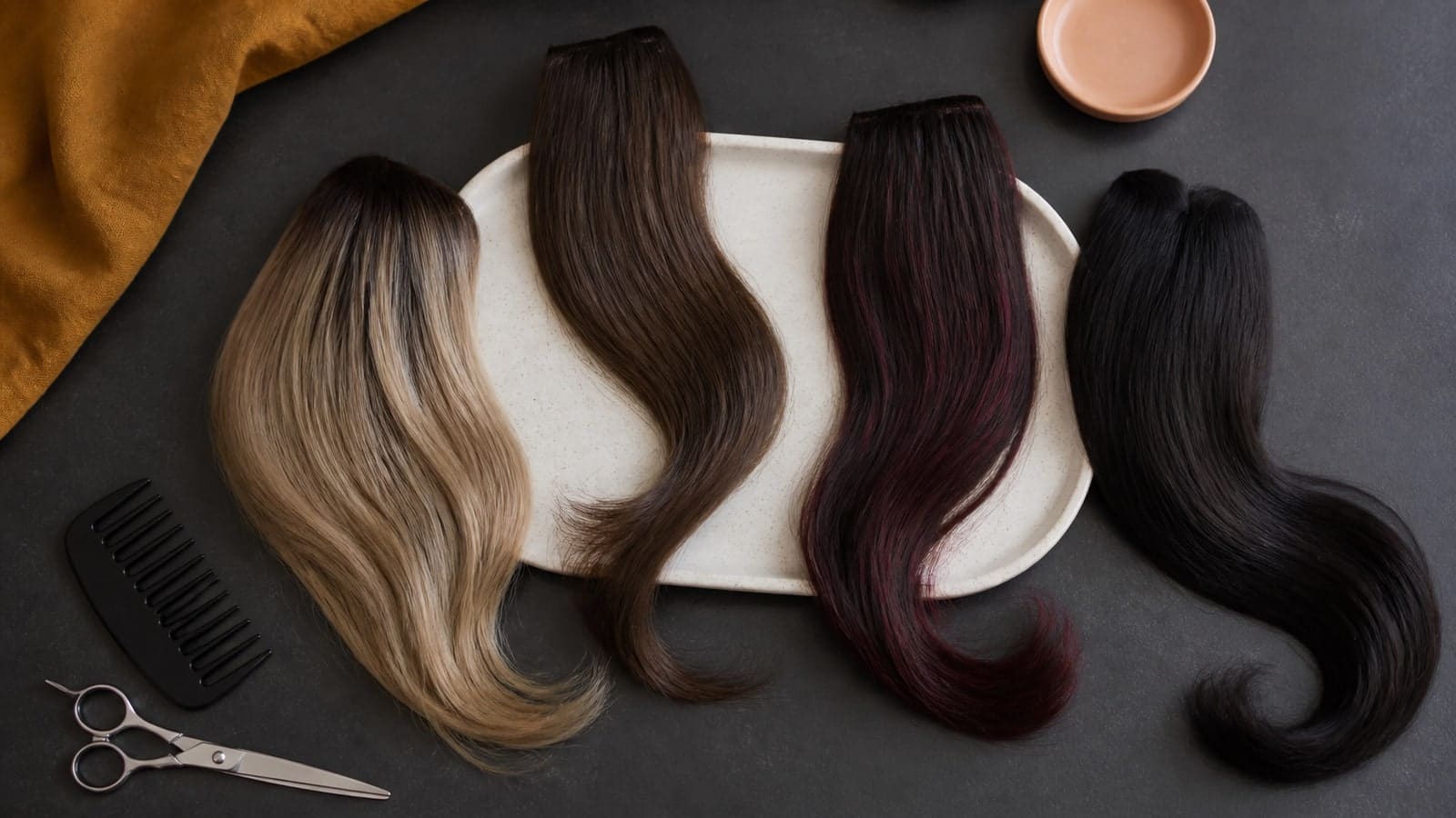 Four unbranded hair tresses arranged overhead in icy dimensional dark blonde, cool brunette, burgundy brunette, and deep cool espresso