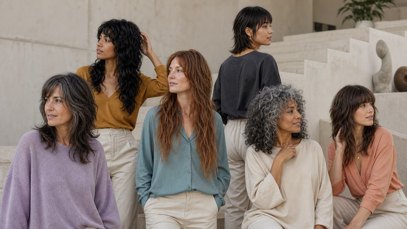 Six women with a soft gray-streaked wolf cut, classic black wavy wolf cut, long copper wolf cut, short dark wolf cut, salt-and-pepper curly wolf cut, and brown fringe-heavy wolf cut