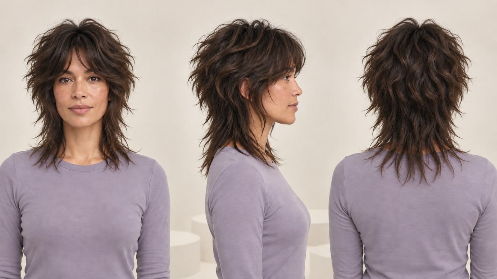 Front, exact profile, and back views of the same woman with a shoulder-length dark chestnut wavy wolf cut, full short crown layers, cheekbone face framing, an elongated nape, and wispy tapered ends